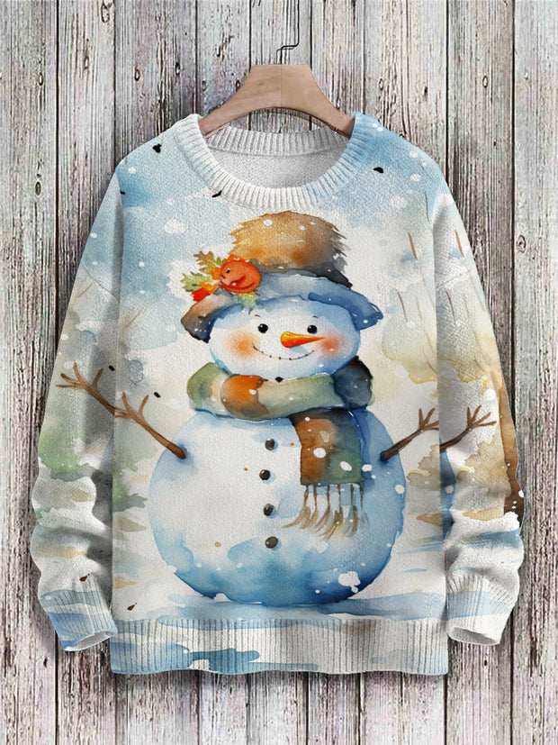 Vintage Christmas Snowman Printed Knit Pullover Sweater