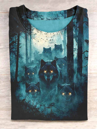 Unisex Dark Forest Wolf Print Casual T-shirt