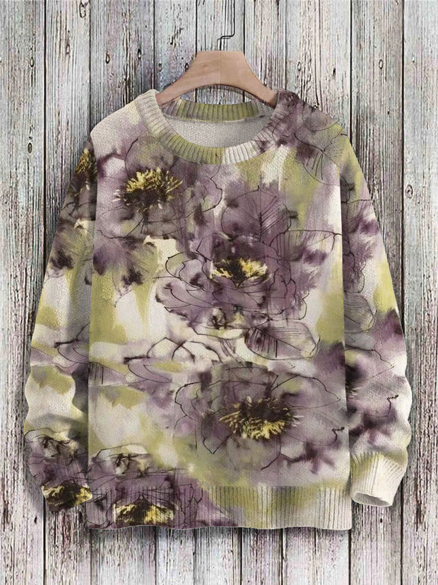 Vintage Floral Art Print Knit Pullover Sweater