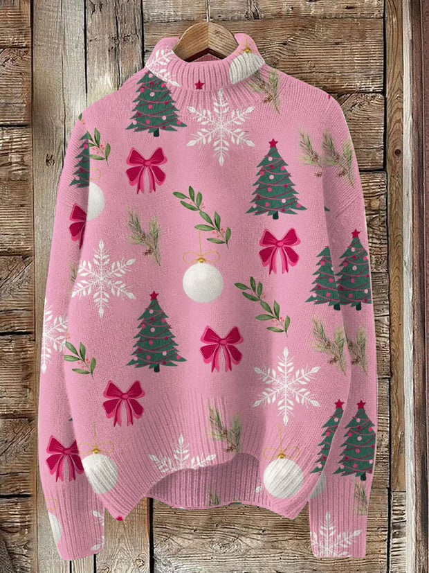 Pink Christmas Decorations Print Knit Turtleneck Pullover Sweater