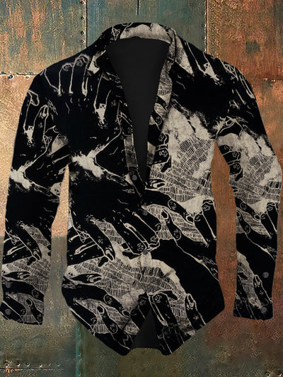 Men's retro palm art print casual fashion lapel long sleeved shirt