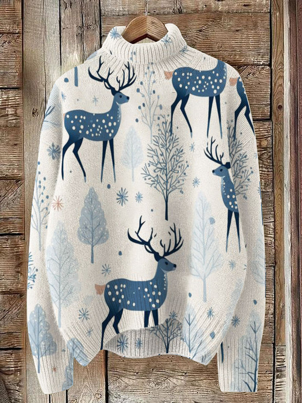 Cheistmas Reindeer Print Knit Turtleneck Pullover Sweater