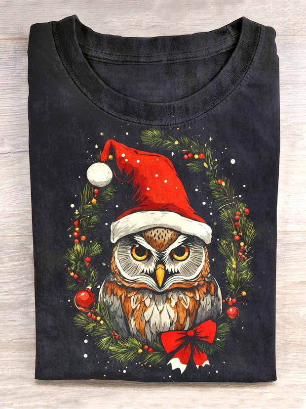 Unisex Christmas Owl Print Casual T-Shirt