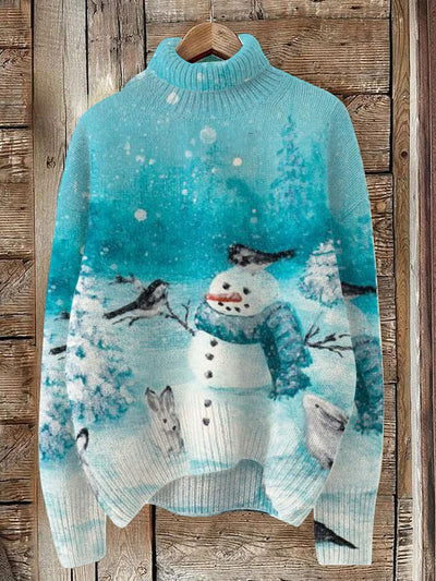 Christmas Snowman Print Knit Turtleneck Pullover Sweater