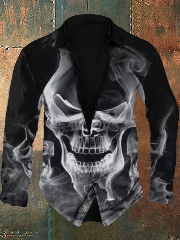 Men's skull retro print casual fashion lapel long sleeved shirt