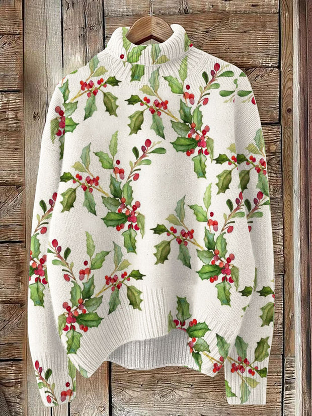 Christmas Mistletoe Print Knit Turtleneck Pullover Sweater