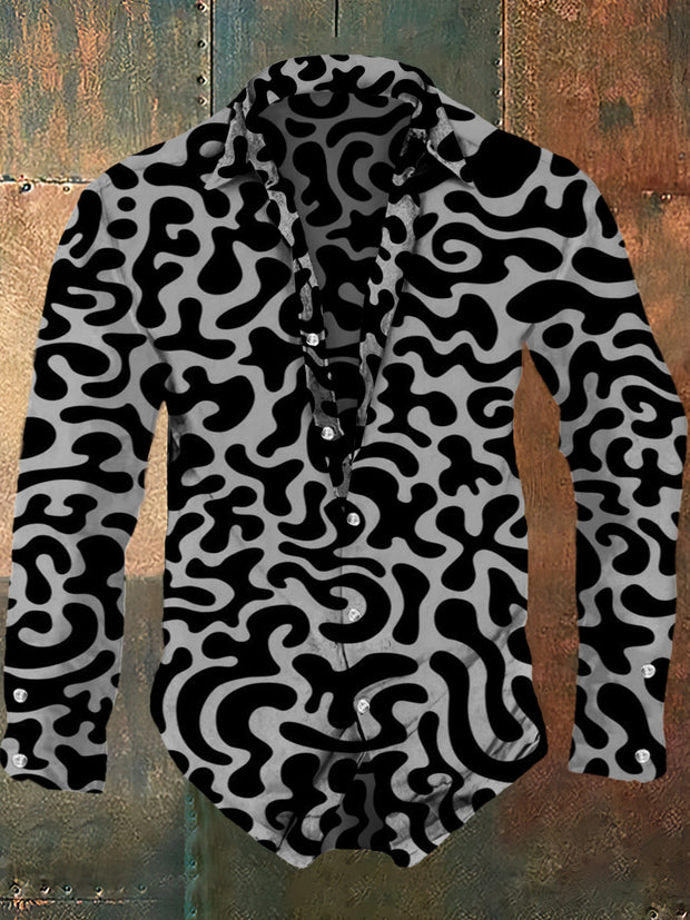 Men's abstract retro printed casual fashion lapel long sleeved shirt