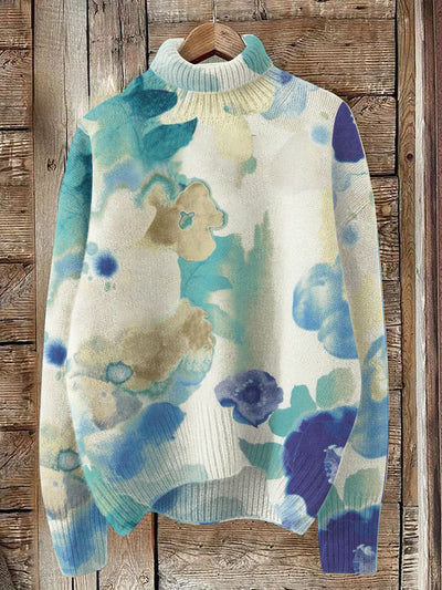 Flower Vignetting Style Print Knit Turtleneck Pullover Sweater