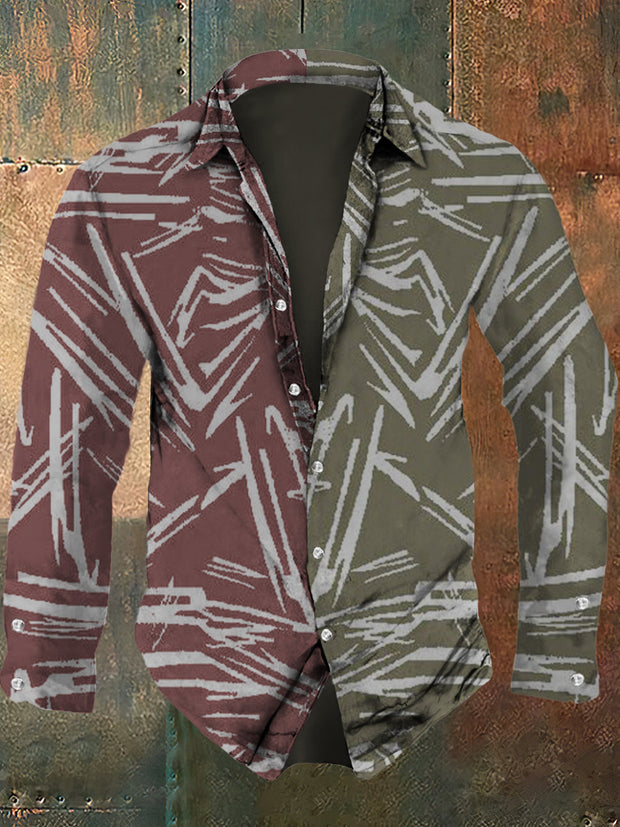 Men's abstract retro printed casual fashion lapel long sleeved shirt