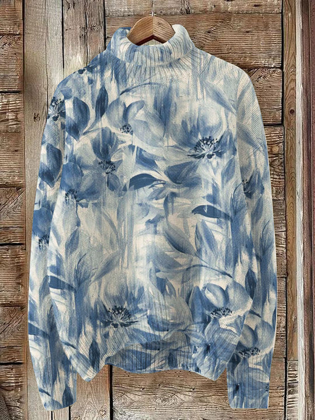 Blue Flowers Style Print Knit Turtleneck Pullover Sweater