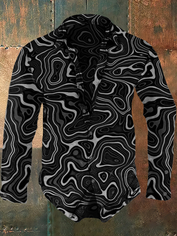 Men's abstract retro printed casual fashion lapel long sleeved shirt