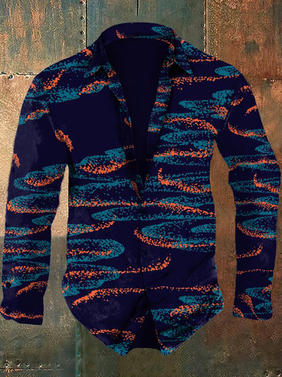 Men's abstract retro printed casual fashion lapel long sleeved shirt