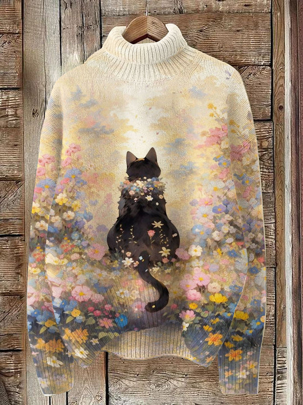 Flower And Cat Style Print Knit Turtleneck Pullover Sweater