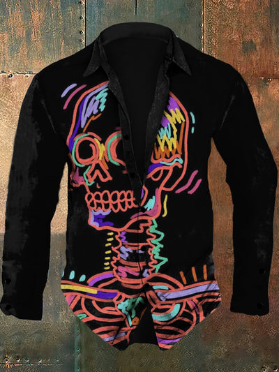 Men's skull retro print casual fashion lapel long sleeved shirt