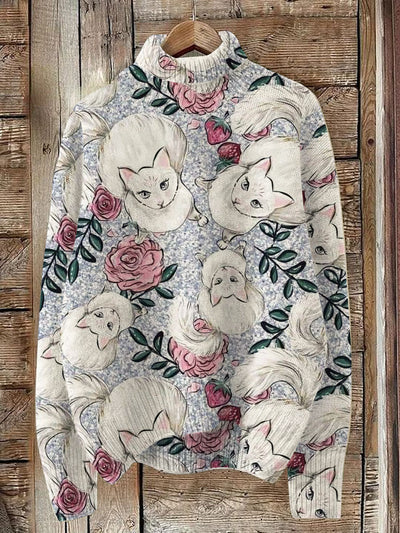 Cat And Rose Style Print Knit Turtleneck Pullover Sweater