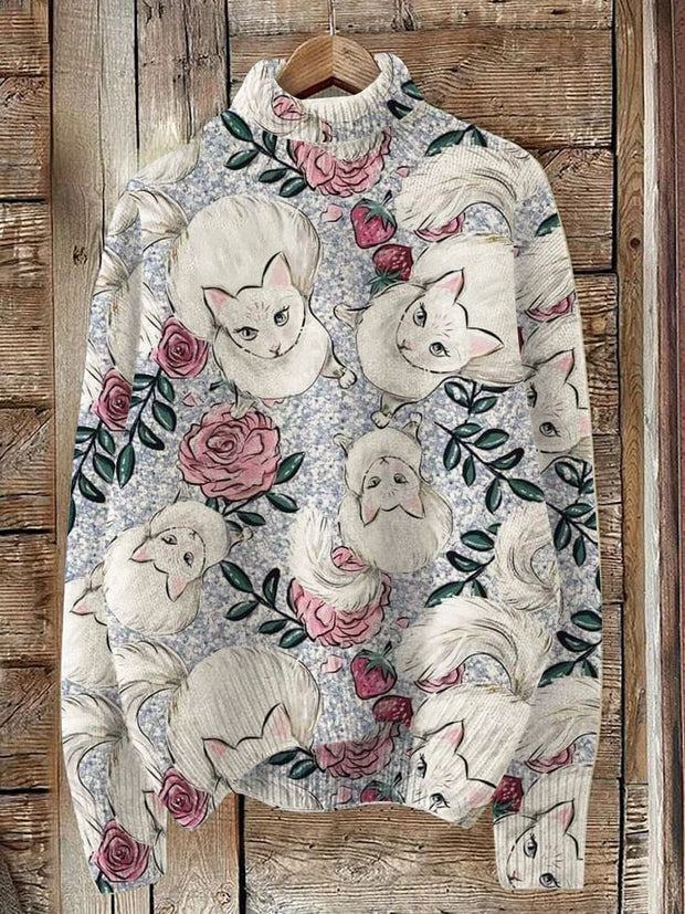 Cat And Rose Style Print Knit Turtleneck Pullover Sweater