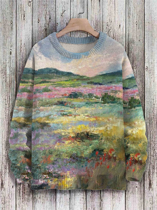 Vintage Pastoral Landscape Art Print Knit Pullover Sweater