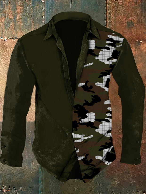 Men's Abstract Art Army Green Retro Printed Casual Fashion Collar Long Sleeve Shirt