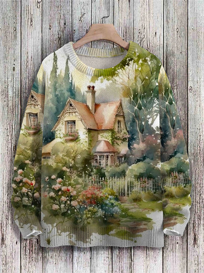 Vintage House Printing Art Print Knit Pullover Sweater