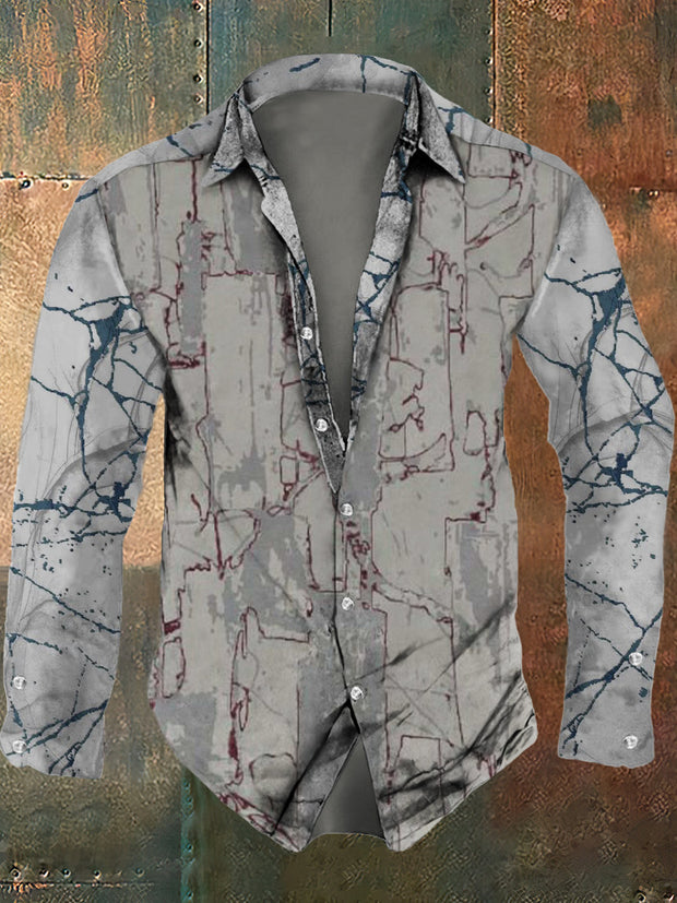 Men's abstract art retro print casual fashion lapel long sleeved shirt