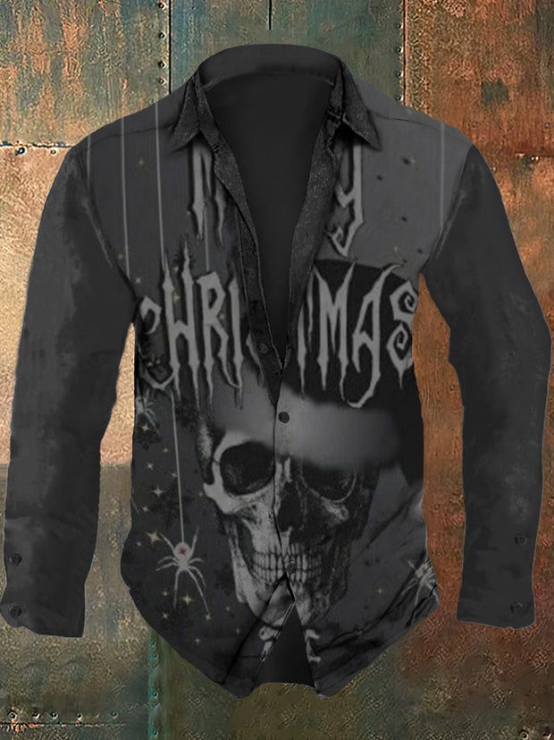 Men's Christmas retro skull print casual fashion lapel long sleeved shirt