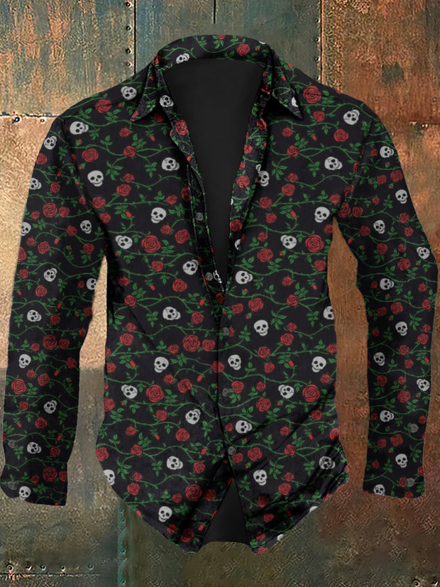 Men's Rose Skull Retro Printed Casual Fashion Collar Long Sleeve Shirt