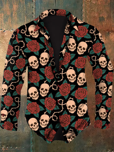 Men's Rose Skull Retro Printed Casual Fashion Collar Long Sleeve Shirt