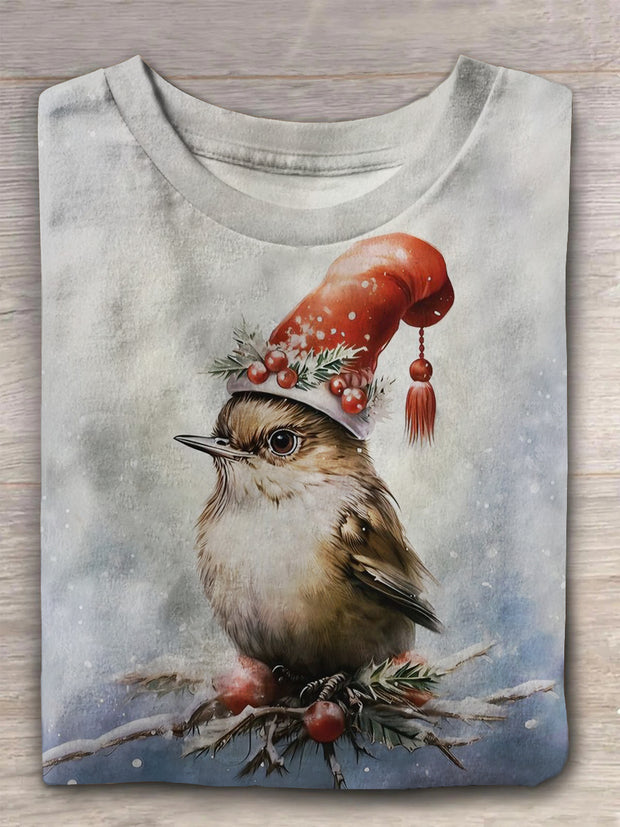 Christmas Cute Bird Print Casual T-Shirt