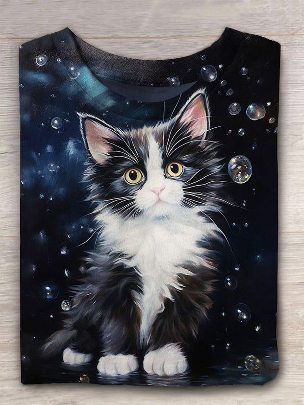 Bubble Cute Cat Print Round Neck Casual T-shirt