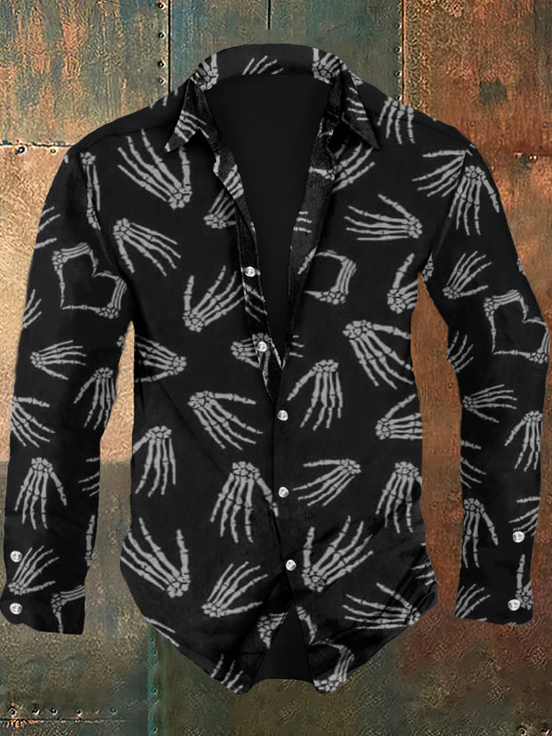 Men's bone print retro casual fashion lapel long sleeved shirt