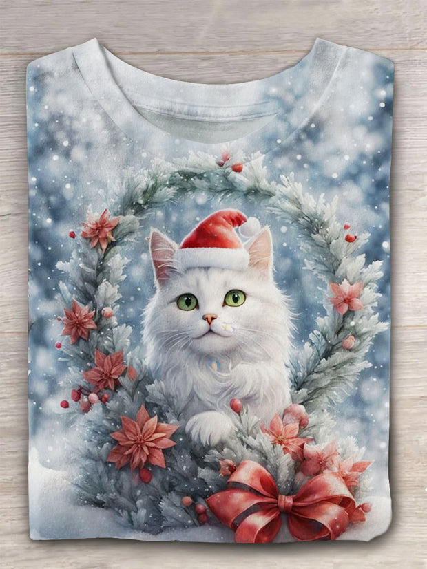 Christmas Cute Cat Printed Round Neck Casual T-shirt