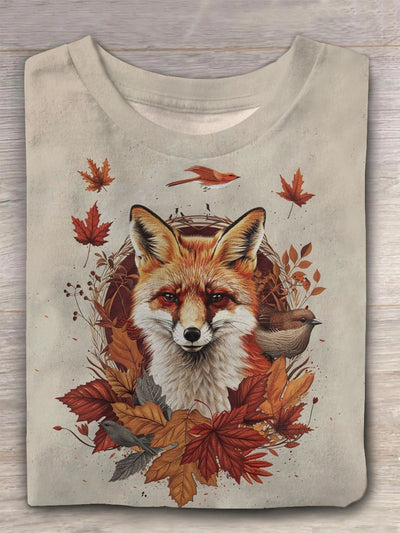 Autumn Maple Leaf Red Fox Printed Crew Neck Casual T-shirt