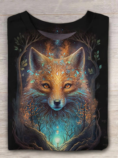 Abstract Art Red Fox Print Crew Neck Casual T-shirt