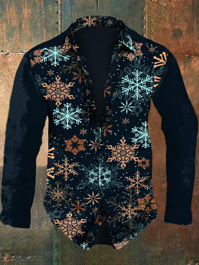 Men's Christmas Snowflake Retro Casual Fashion Collar Long Sleeve Shirt