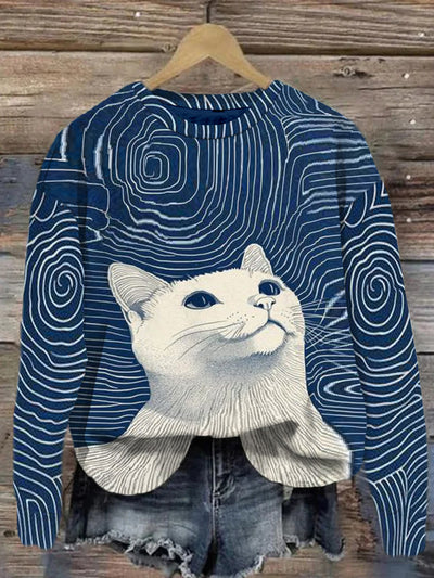 Cute cat retro printed round neck casual loose long sleeved sweatshirt