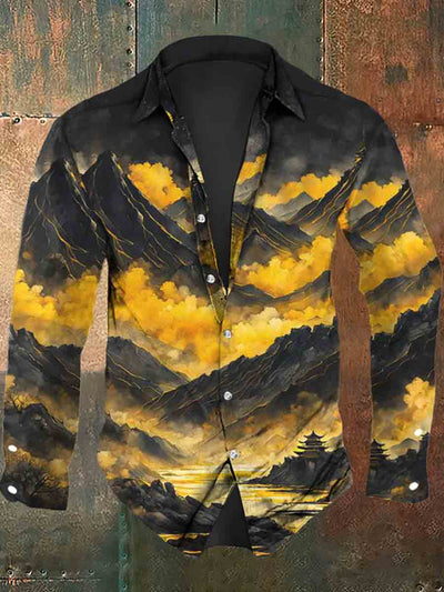 Men's Abstract Landscape Mountain Print Casual Long Sleeve Shirt