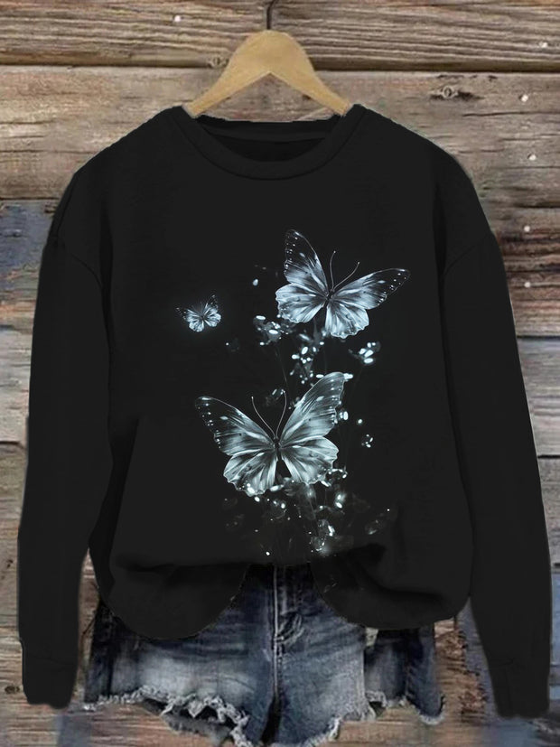 Butterfly retro printed round neck casual loose long sleeved sweatshirt