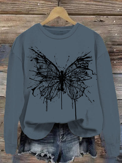 Butterfly retro printed round neck casual loose long sleeved sweatshirt