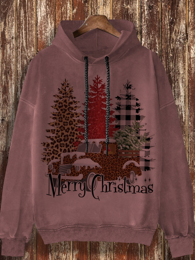 Christmas print fashionable loose casual retro long sleeved hooded sweatshirt