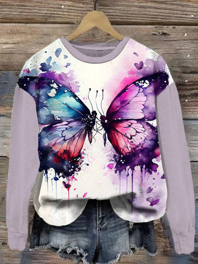 Butterfly retro printed round neck casual loose long sleeved sweatshirt