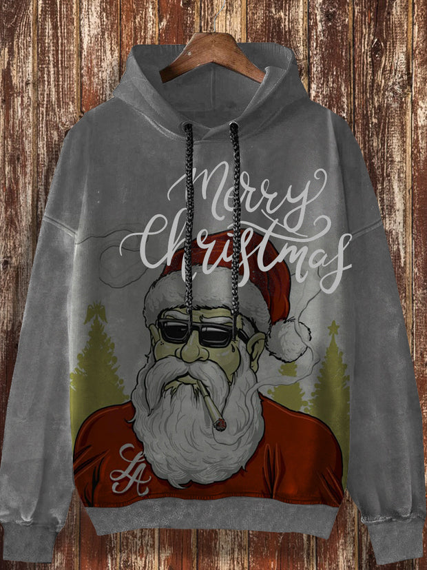 Unisex Christmas handsome Santa Claus print fashionable loose casual retro long sleeved hooded sweatshirt