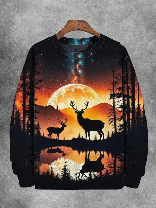 Unisex Abstract Sunset Deer Print Casual Sweatshirt