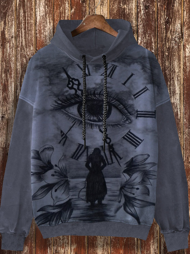 Unisex abstract art clock print fashionable loose casual retro long sleeved hooded sweatshirt