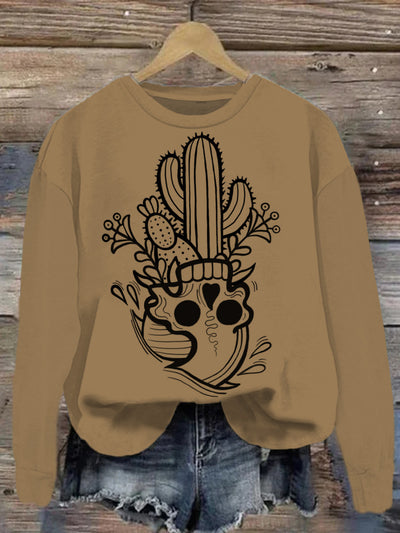 Cactus retro printed round neck casual loose long sleeved sweatshirt