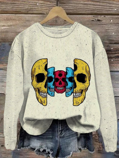 Skull retro print round neck casual loose long sleeved sweatshirt