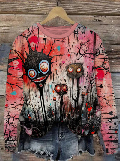 Abstract art printed round neck casual loose long sleeved sweatshirt