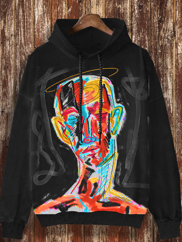 Unisex abstract art print fashionable loose casual retro long sleeved hooded sweatshirt