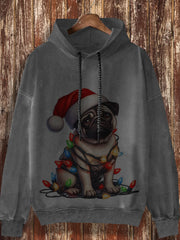 Unisex Christmas cute puppy print fashionable loose casual retro long sleeved hooded sweatshirt