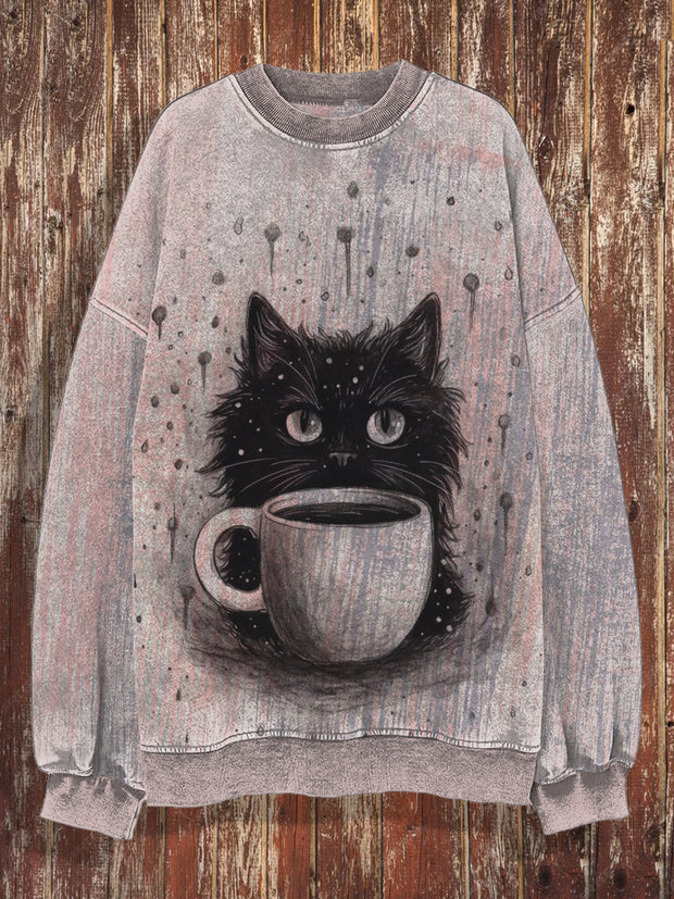 Cute cat retro printed round neck casual loose long sleeved sweatshirt