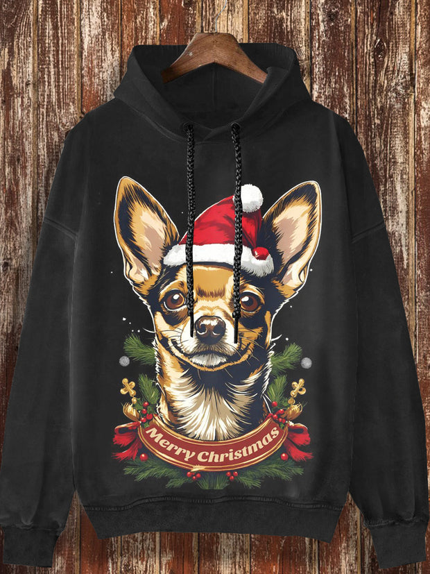 Unisex Christmas cute puppy print fashionable loose casual retro long sleeved hooded sweatshirt